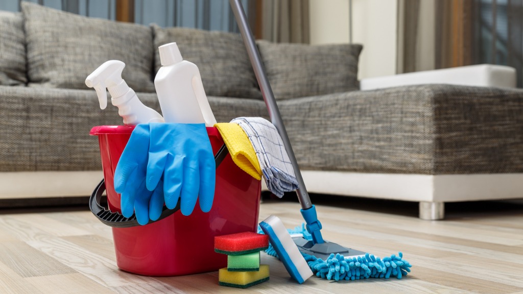 Cleaning service sponges chemicals and mop picture id654153664